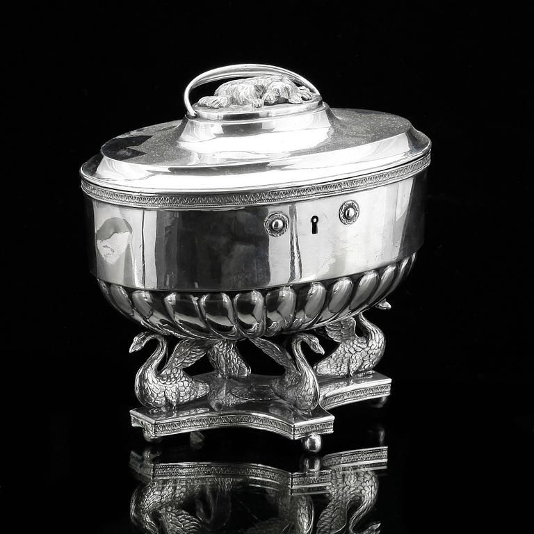SOCKERSKRIN, silver, empire, Johan Fredrik Björnstedt, Stockholm 1820. Vikt ca 830 gram.