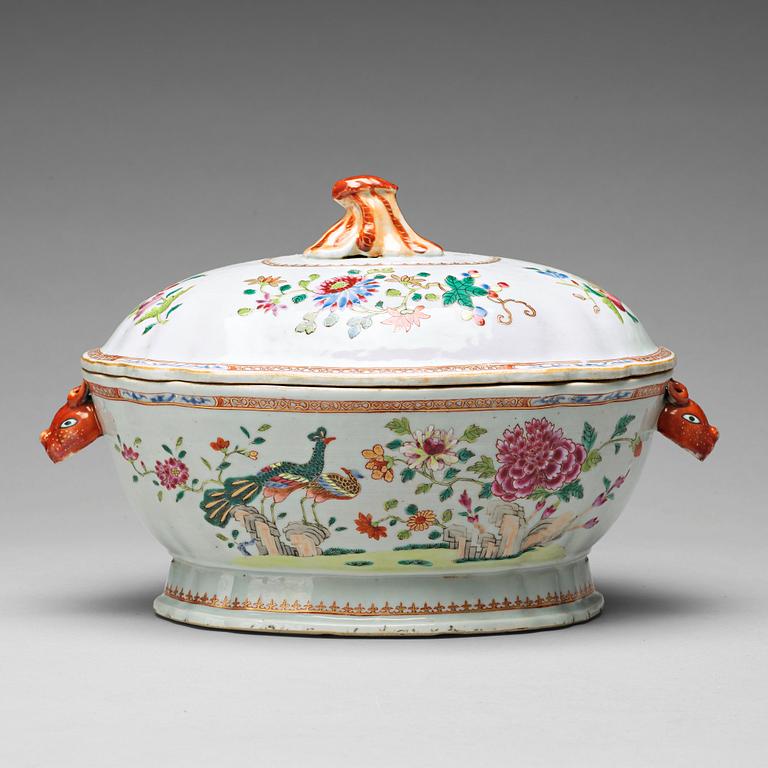 A famille rose 'double peacock' tureen with cover, Qing dynasty, Qianlong (1736-95).