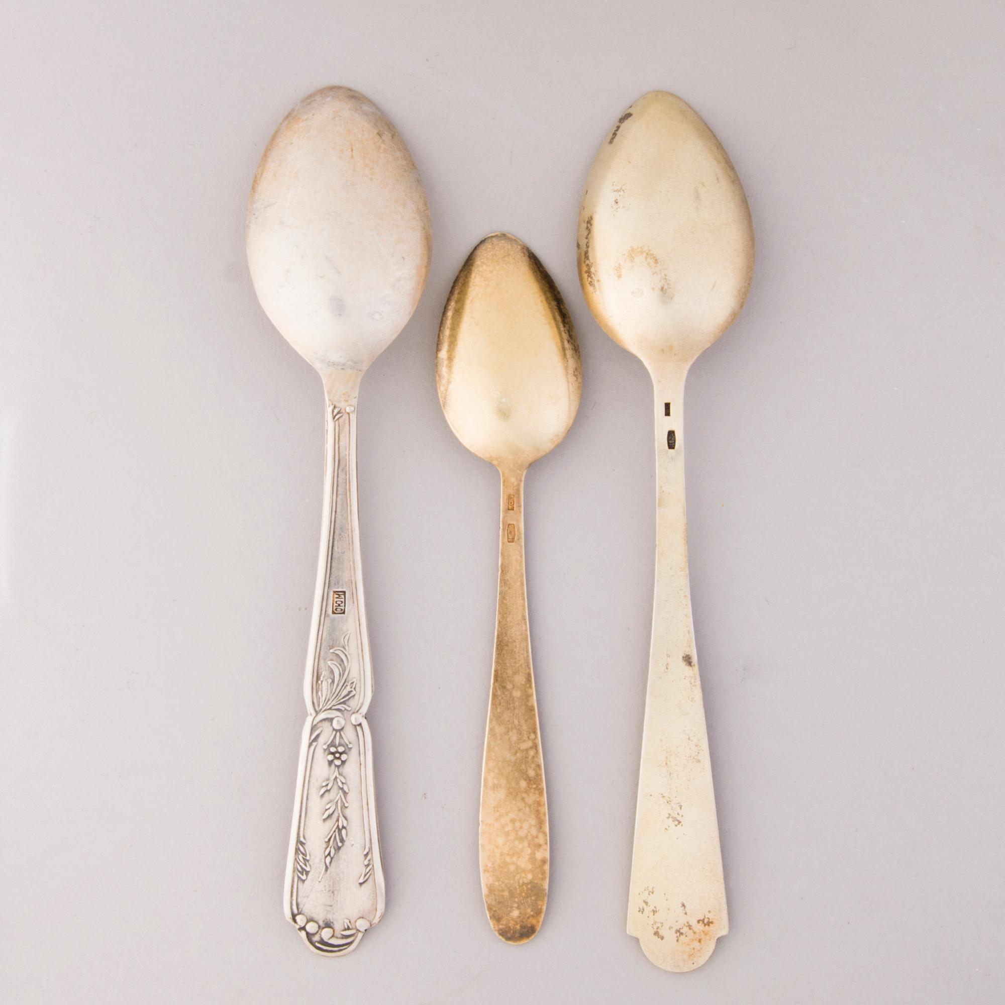Three sets of silver spoons, totally 18 pieces, Soviet Union hallmarks.