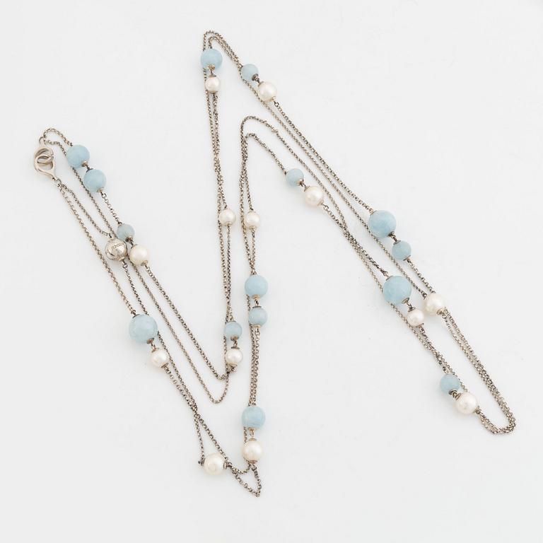 Georg Jensen, cultured pearl and aquamarine silver necklace.