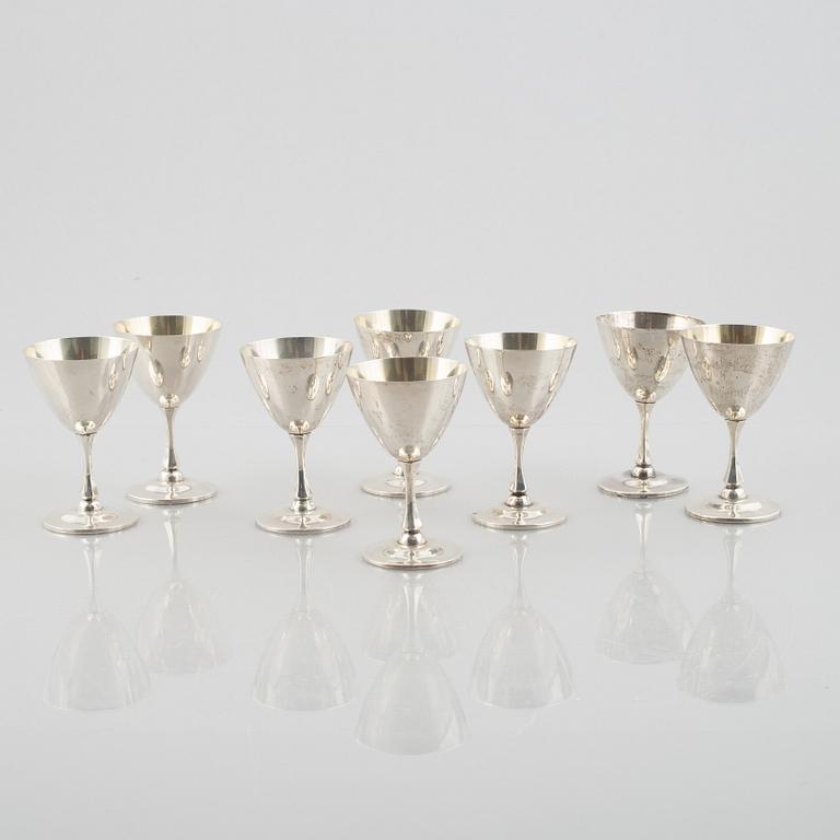 Glasses, 8 pcs, sterling silver, around the mid-20th century.