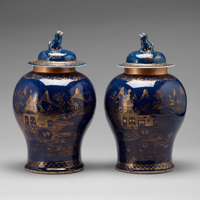 A pair of 'powder blue' baluster jar with covers, Qing dynasty, Qianlong (1736-95).