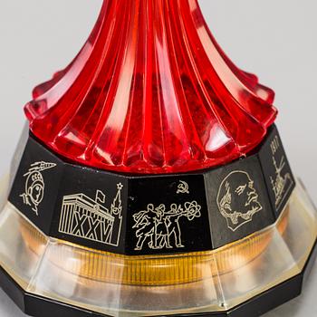 Soviet perspex table lamp with a rocket Finial, depicting Yri Gagarin's trip in space, the base showing Soviet symbols.