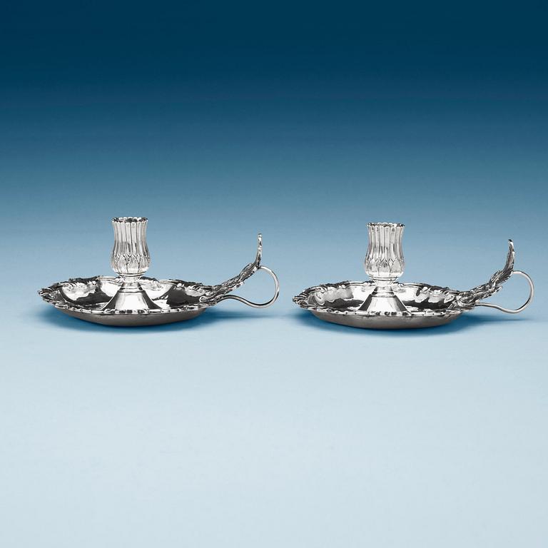 A pair of Swedish 18th century silver chamber-candlesticks, marks of Pehr Zethelius, Stockholm 1770.