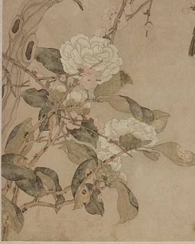 MÅLNING, av Chen Zhifo, signerad, blommande kamelia, prunus och sparvar.