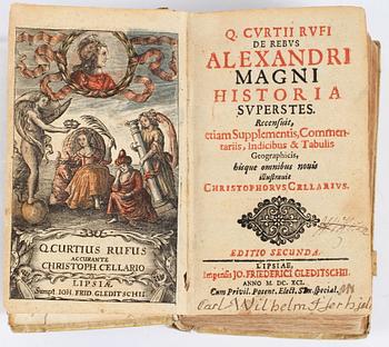 BOK, "Alexandri Magni Historia" av Q Curtius Rufus. Tryckt 1691 i Leipzig.