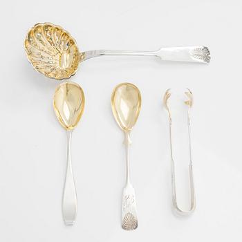 Sugar bowl and cream jug, and four pieces of silver cutlery, Vyborg, Turku, Hämeenlinna and Helsinki 1926-60.