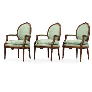 1199. Three Gustavian late 18th century armchairs by Johan Hammarström, master 1794.