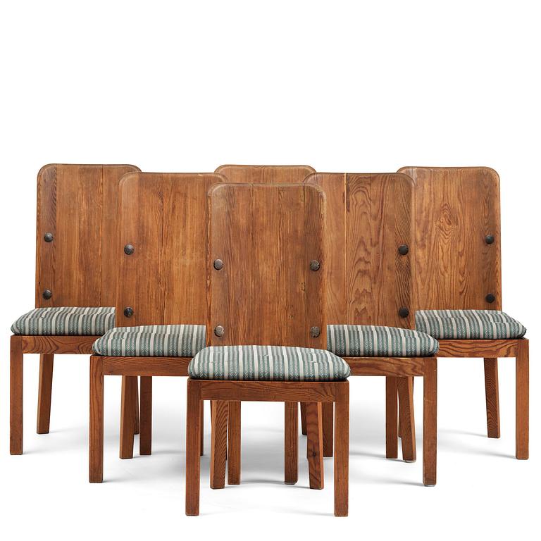 Axel Einar Hjorth, a set of six stained pine "Lovö" chairs, Nordiska Kompaniet, Sweden, 1930s.