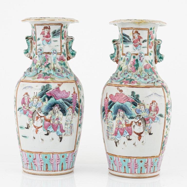 A pair of famille rose Canton vases and  a bowl, Qing dynasty, 19th Century.