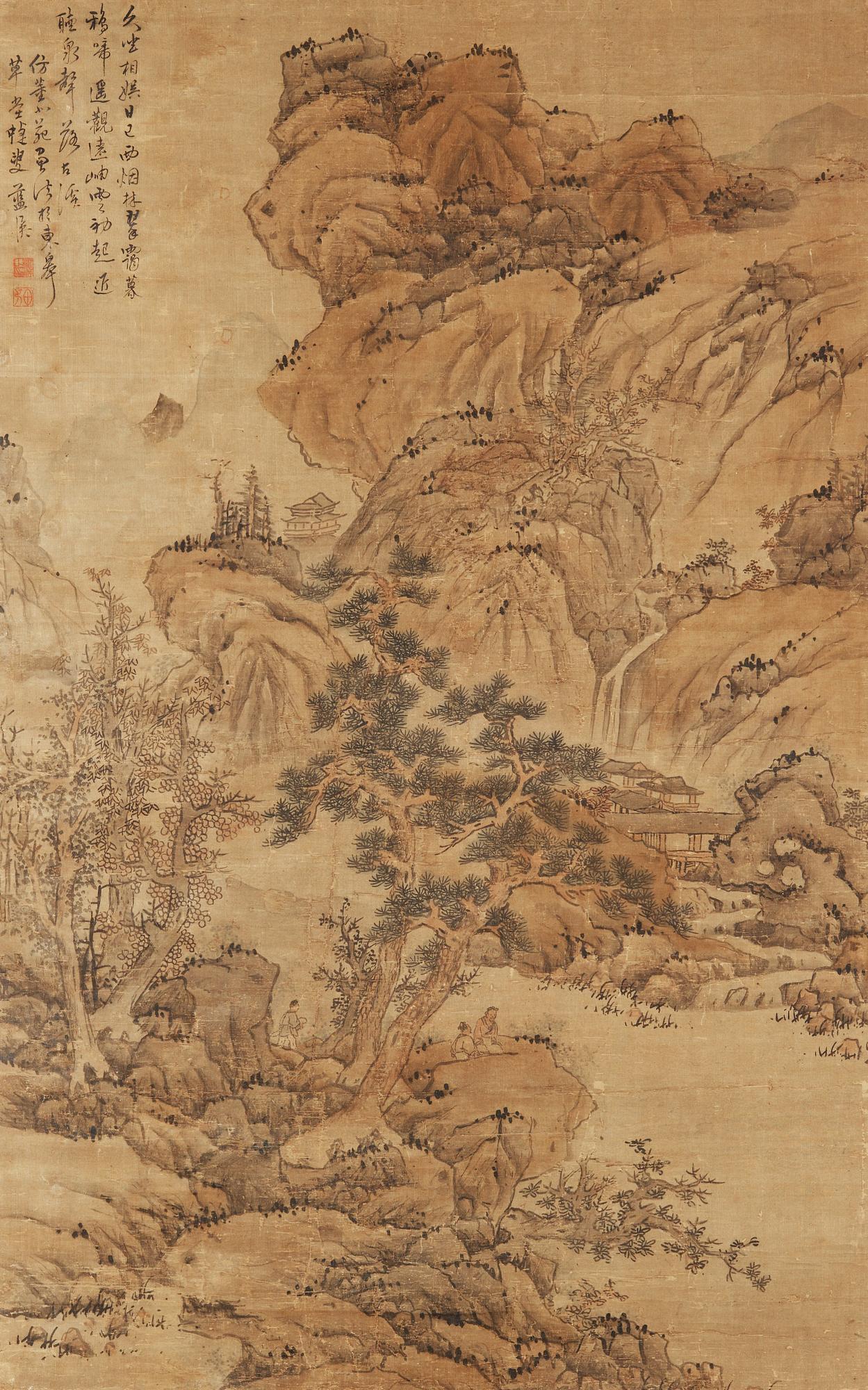 RULLMÅLNING, landskap med figurer i Lan Yings (1586-1666) stil, Qingdynastin, 1800-tal.