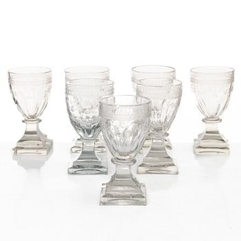 A set of seven Gustavian wine glasses, Sweden, late 18th century.