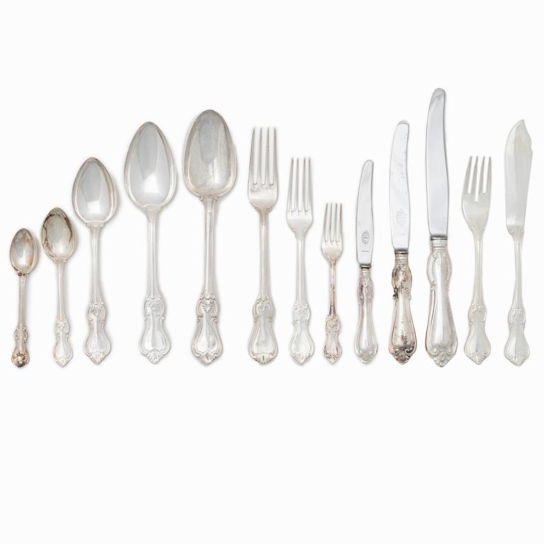 A 143-piece silver flatware set, 'Olga', mostly GAB and C.G.Hallberg Stockholm, 1872-1961.