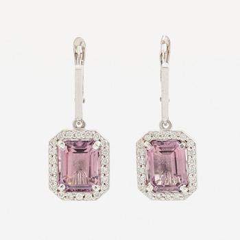 Purple tourmaline and brilliant cut diamond earrings.