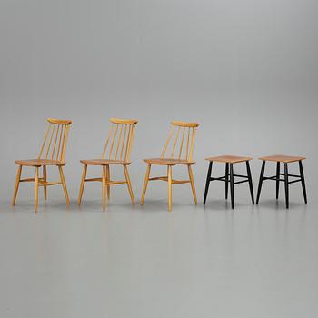 STOLAR, 3 st, samt PALLAR, 2 st, "Fanett", Ilmari Tapiovaara, Edsbyverken, 1900-talets andra hälft.