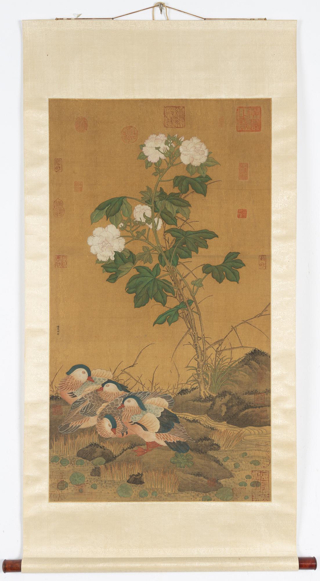 A Chinese scroll painting by unidentified master, four ducks resting by a blooming pond, 20th century.