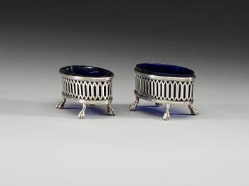 A pair of Swedish 18th century silver and glass salts, makers mark of Olof Yttraeus, Uppsala 1799.