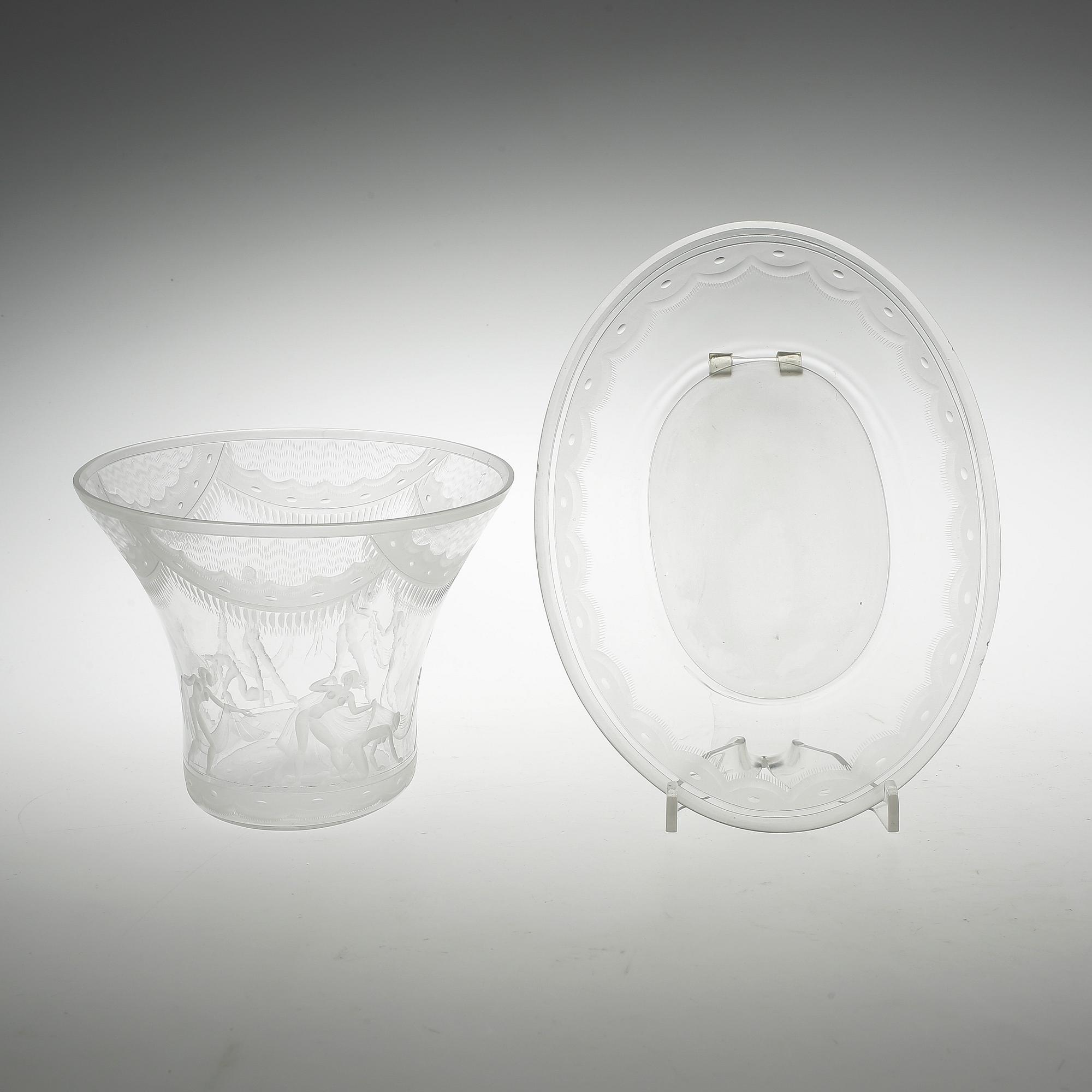 SKÅL samt FAT, glas, Simon Gate, "Slöjdansen", Orrefors, 1920-tal.