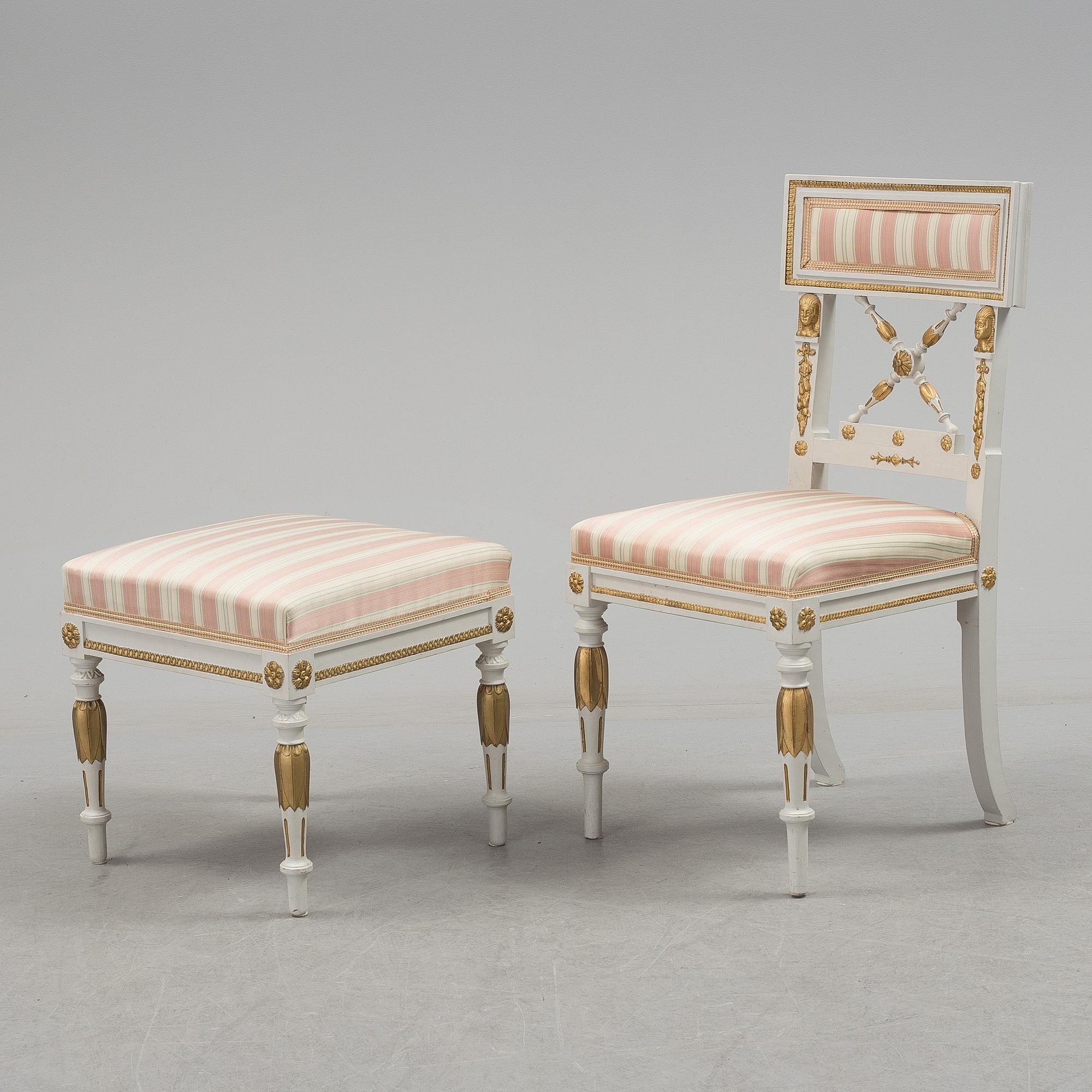 A set of two armchairs, a sofa, a stool and a chair. Early 20th century.