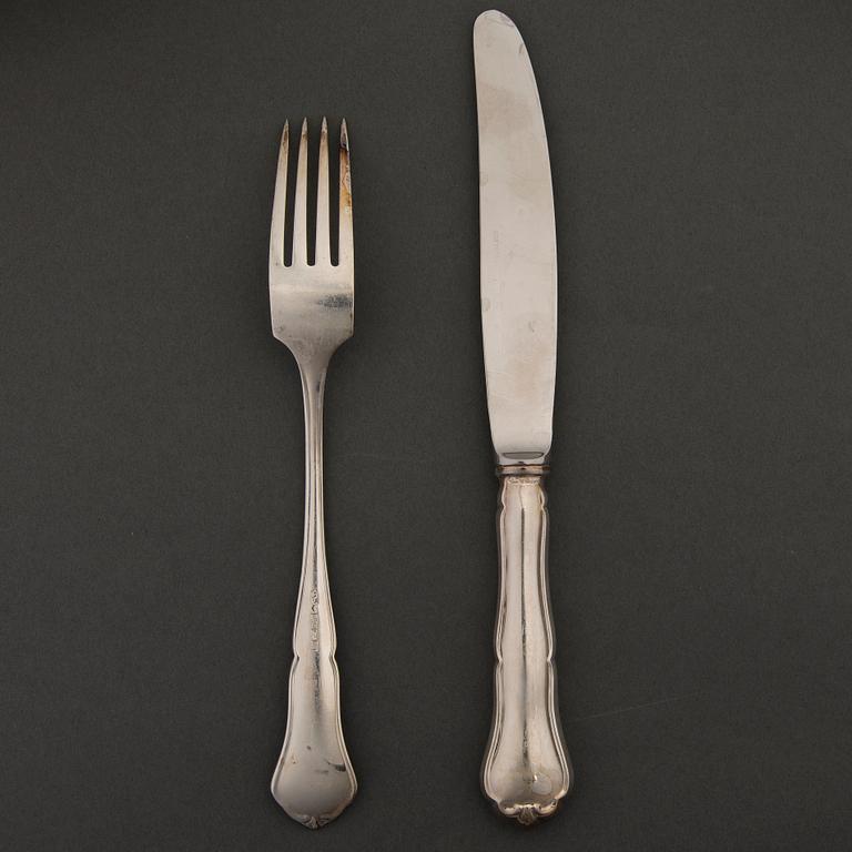 Chippendale silver cutlery, 12 forks and 12 knives by Kultakeskus, Hämeenlinna 1970-71.