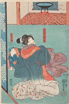 UTAGAWA KUNISADA KOCHORO TOYOKUNI III, träsnitt, 3st, Japan, 1800-talets andra hälft.