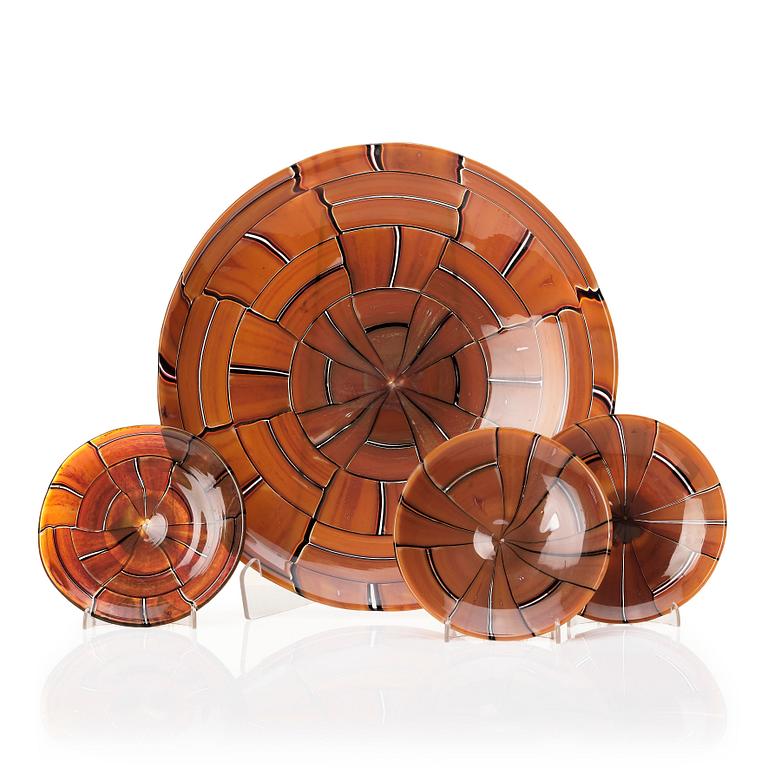 Ercole Barovier, a 'Tessere ambra' dish and three plates, Barovier & Toso Murano Italy 1950-1960s.