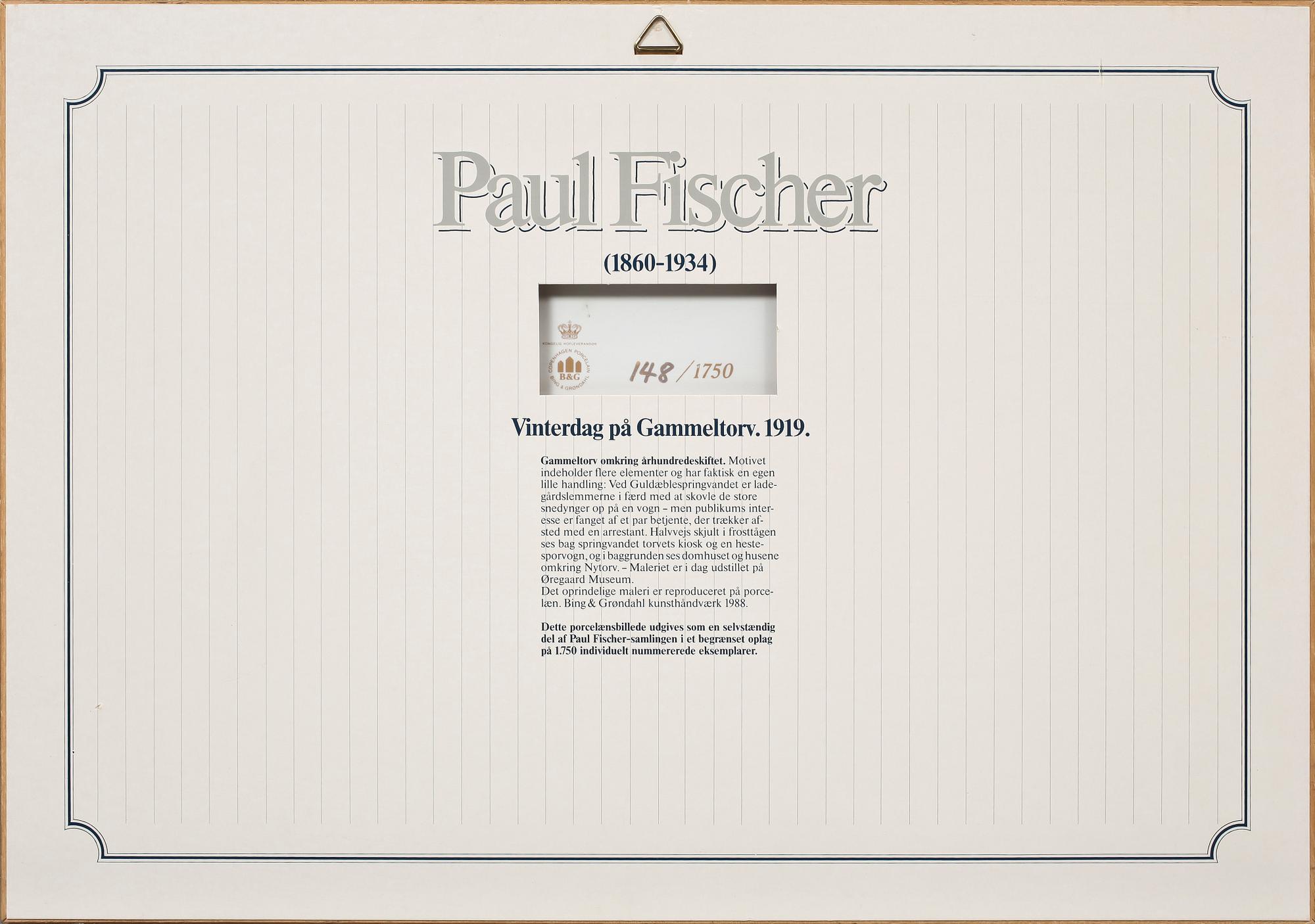 PORSLINSPLAKETT, Bing & Gröndahl, efter Paul Fischer, numr 148/1750.