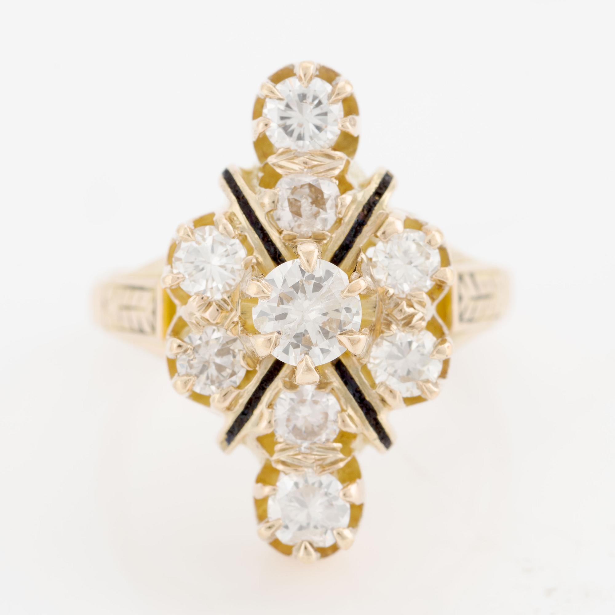 Ring 14K guld och emalj med runda briljantslipade diamanter.