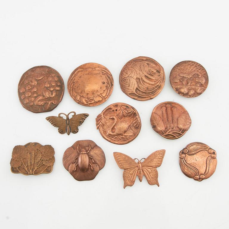 Brooches and buckles 11 pcs Art Nouveau early 20th century copper.