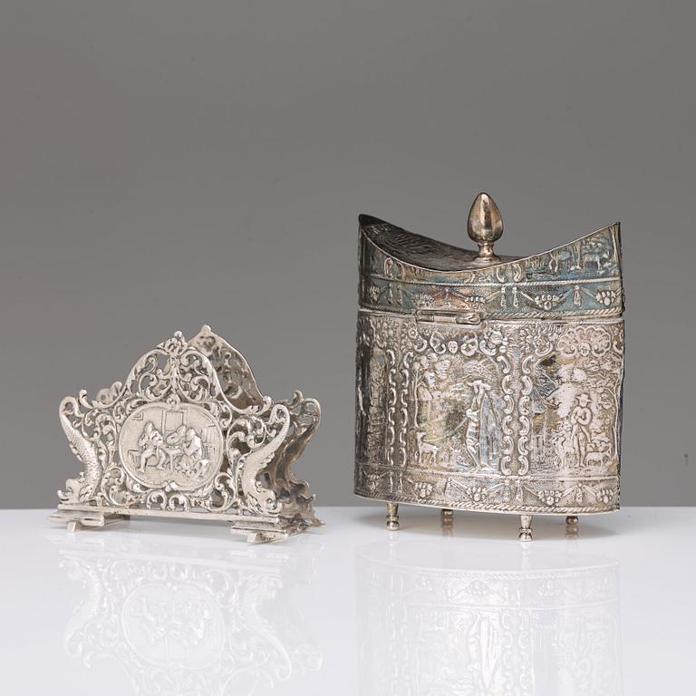 A Dutch late 19th century silver jar and napkin-holder. An ash-tray, Birmingham 1902.