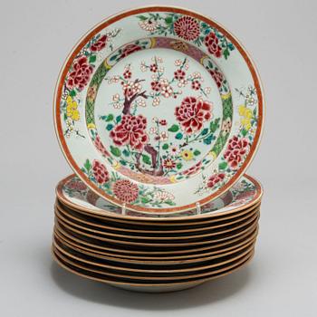 Twelve famille rose export plates, Qing dynasty, 18th century.