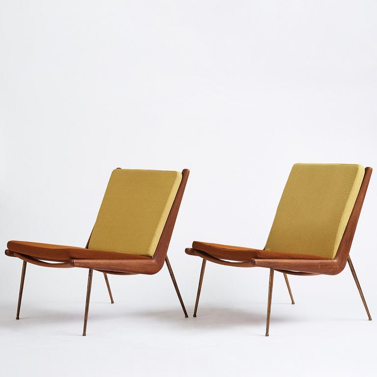 Peter Hvidt & Orla Mølgaard Nielsen, two teak "Boomerang" easy chairs, France & Daverkosen, Denmark 1950's.