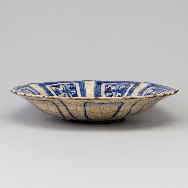 A blue and white persian dish, Qajar dynasty, possibly "Kubachi-ware",