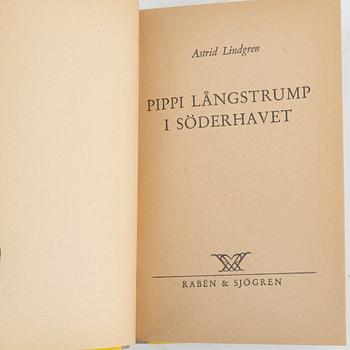 Böcker, 3 st, Astrid Lindgren, Pippi Långstrump, Först upplagor, Rabén & Sjögren, Stockholm, 1945-48.