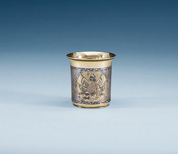 A RUSSIAN SILVER-GILT AND NIELLO BEAKER, un identified makers mark, Moscow 1835. Monument with Minin and Pozharsky.