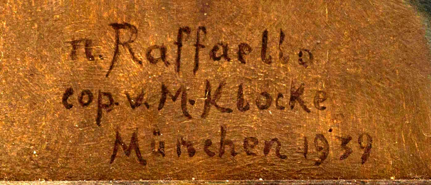 AN UNKNOWN ARTIST OILPAITNING ON BOARD, SIGNED M. KLOCKE, COPY AFTER RAFAEL, 1939.