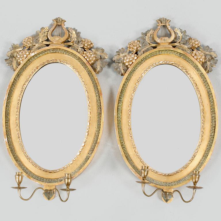 A PAIR OF SWEDISH EMPIRE TWO-LIGHT MIRROR GIRANDOLES, SIGNED JOHAN MARTIN BERG.