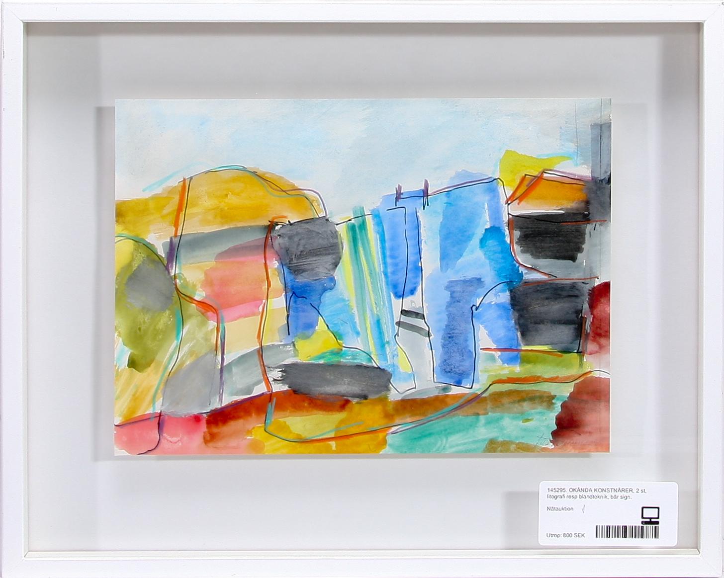 OKÄNDA KONSTNÄRER, 2 st, litografi resp blandteknik, bär sign.