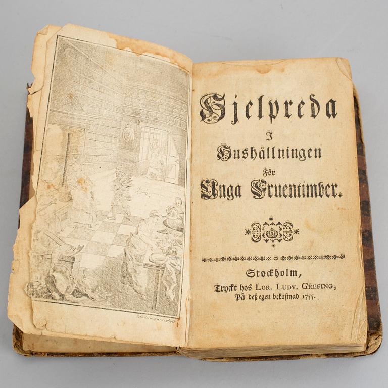 CAJSA WARG, Kokbok, "Hjelpreda i hushållningen för unga fruentimber", 1:a upplagan, Stockholm 1755.