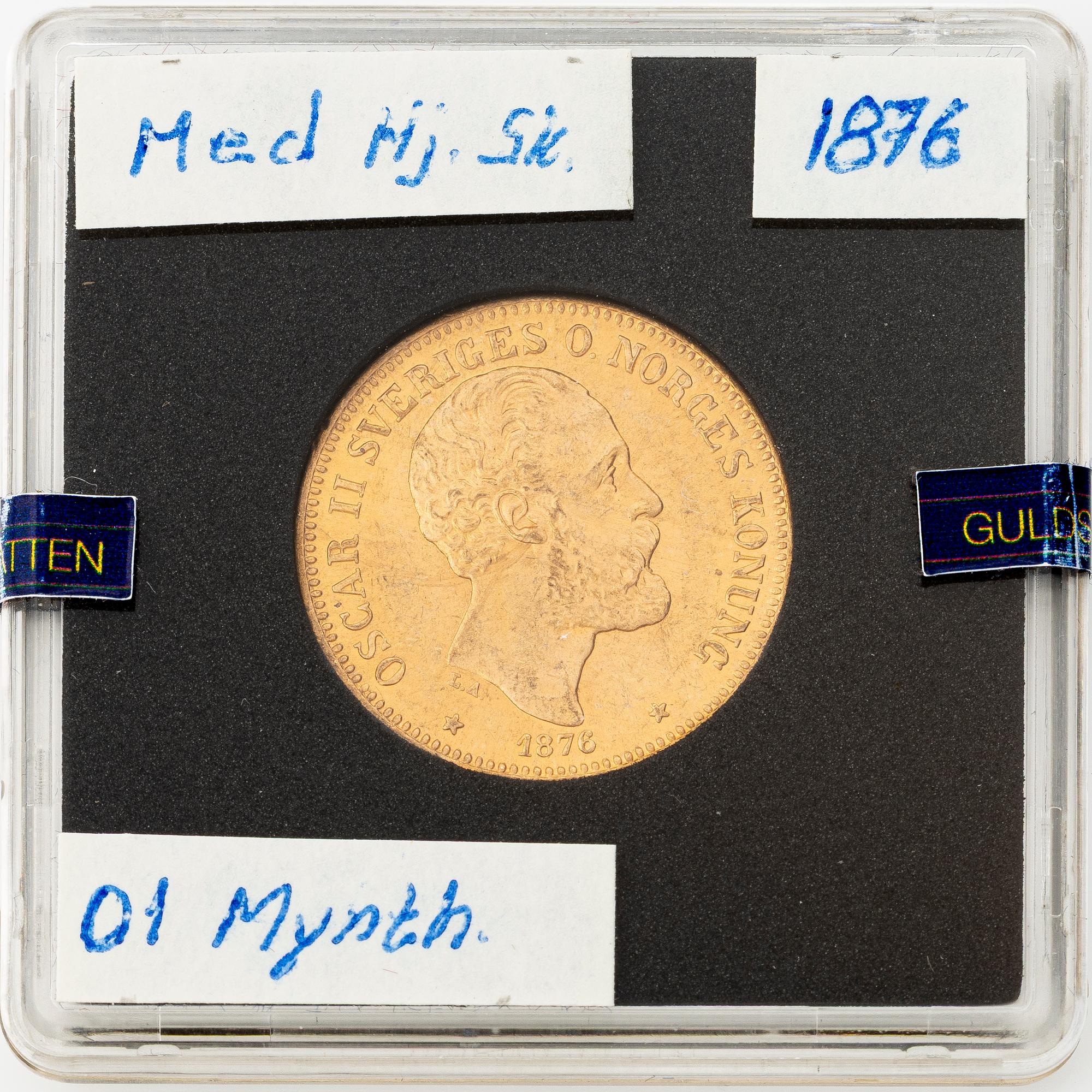 Guldmynt, Oscar II, 20 kr, typ II, 1876.