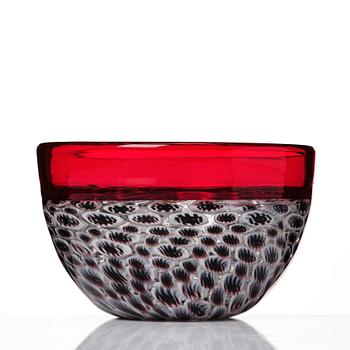 55. Riccardo Licata, a red glass "lattimo and black wheel murrine" bowl, model 3613, Venini, Murano, Italy, probably 1950's.