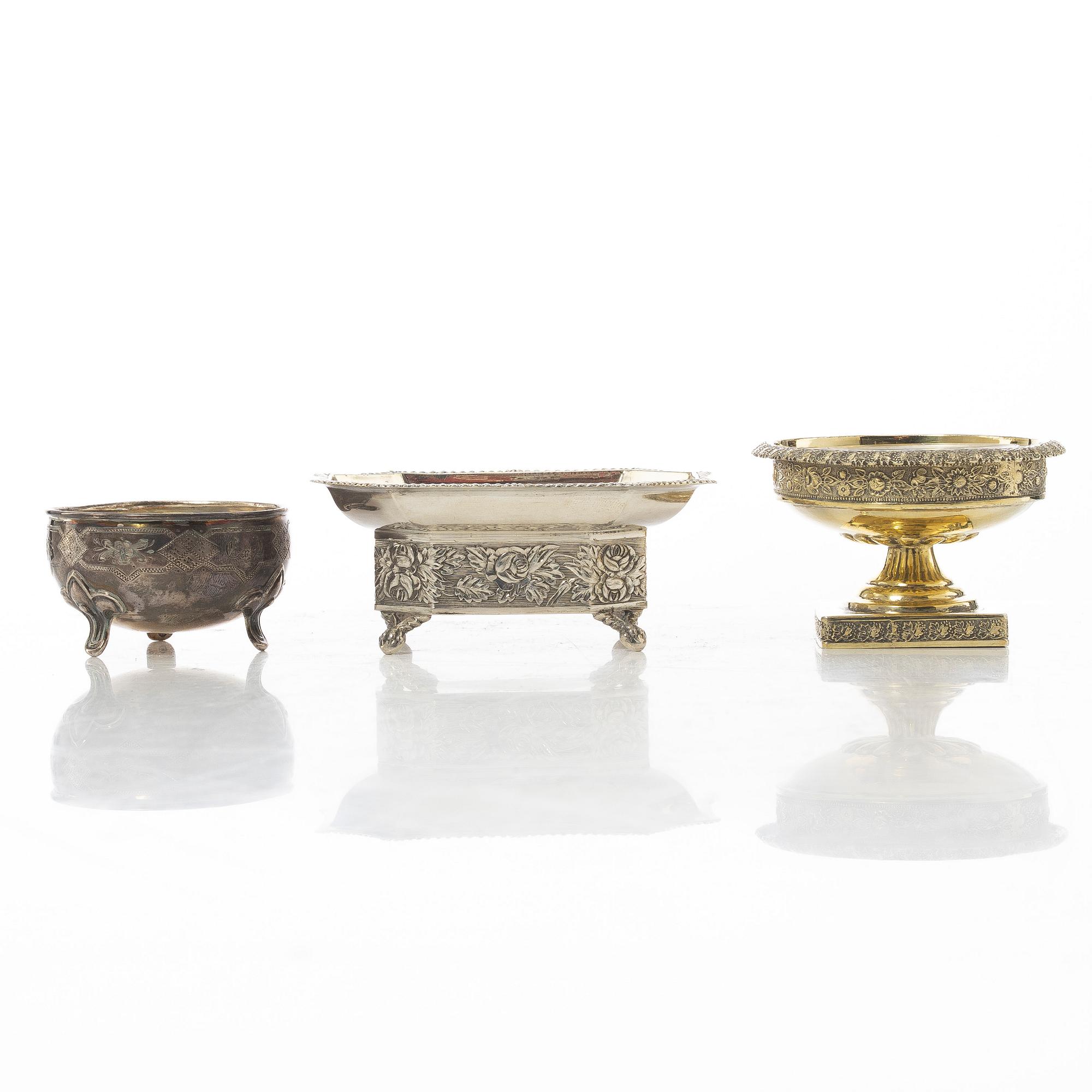 Three Russian silver salt cellars, 19th century.