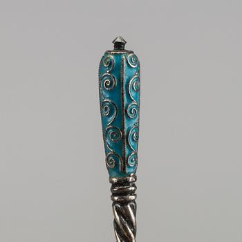 A set of six Russian silver and enamel spoons, around 1900 weight ca 195 gr.