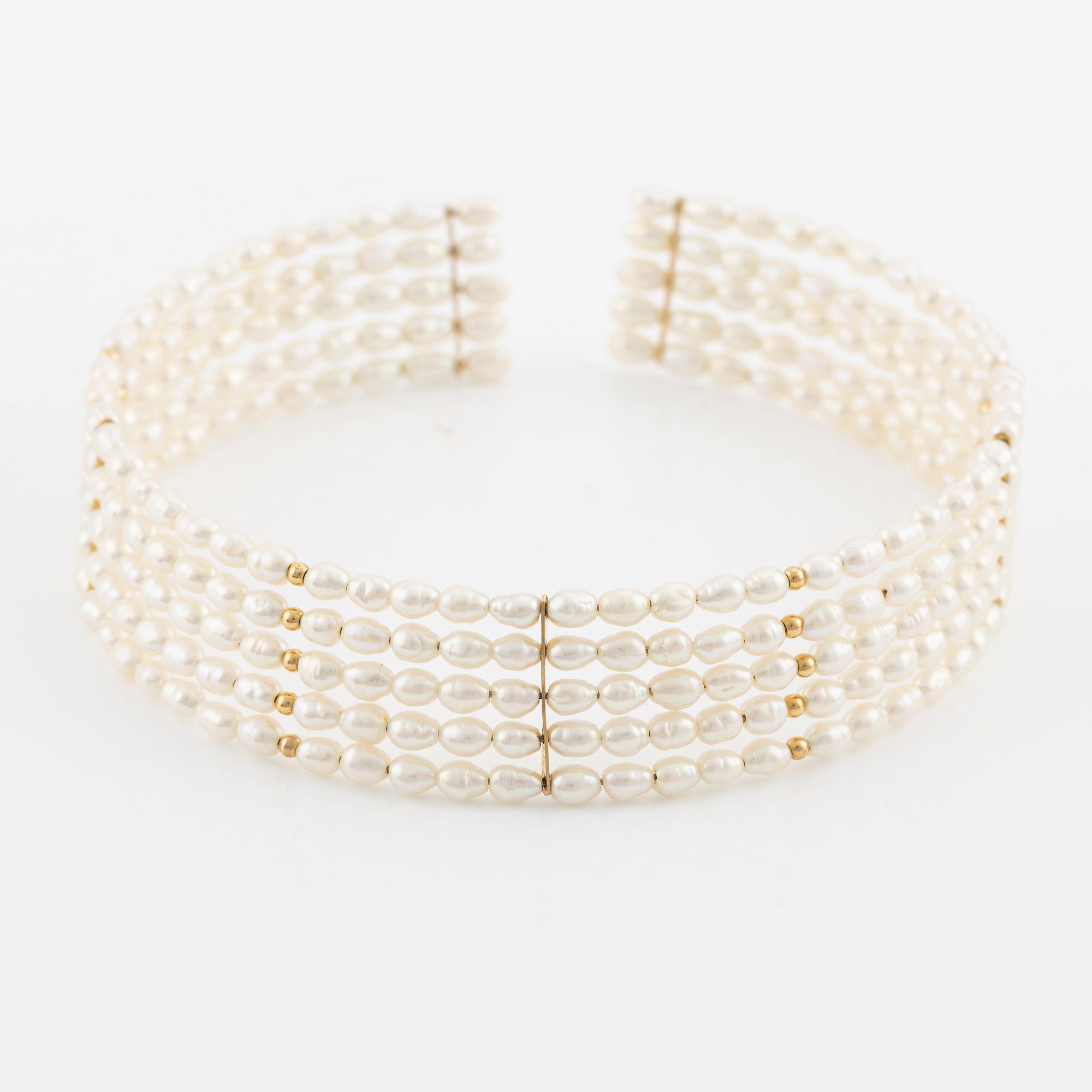 Five-row collar/choker with cultured freshwater pearls and 14K gold beads.
