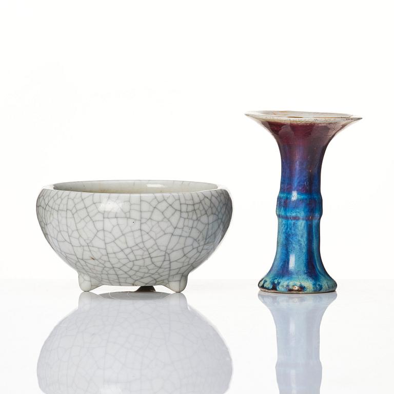 A flambé glazed vase and a censer, Qing dynasty (1644-1912).