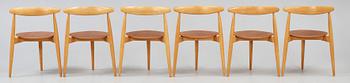 HANS J WEGNER, matgrupp, 6 st "Hjertestolen" och bord, Fritz Hansen, Danmark ca 1963.
