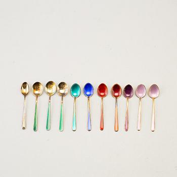 10+1 sterling silver and enamel spoons including David Andersen Norway.