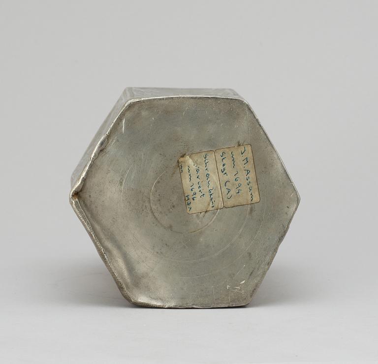 A pewter bottle. Unidentified marks.