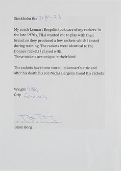 Tennis racket, Fila. Signed by Björn Borg. Specially customized FILA prototype racket in wood, 1977/78.