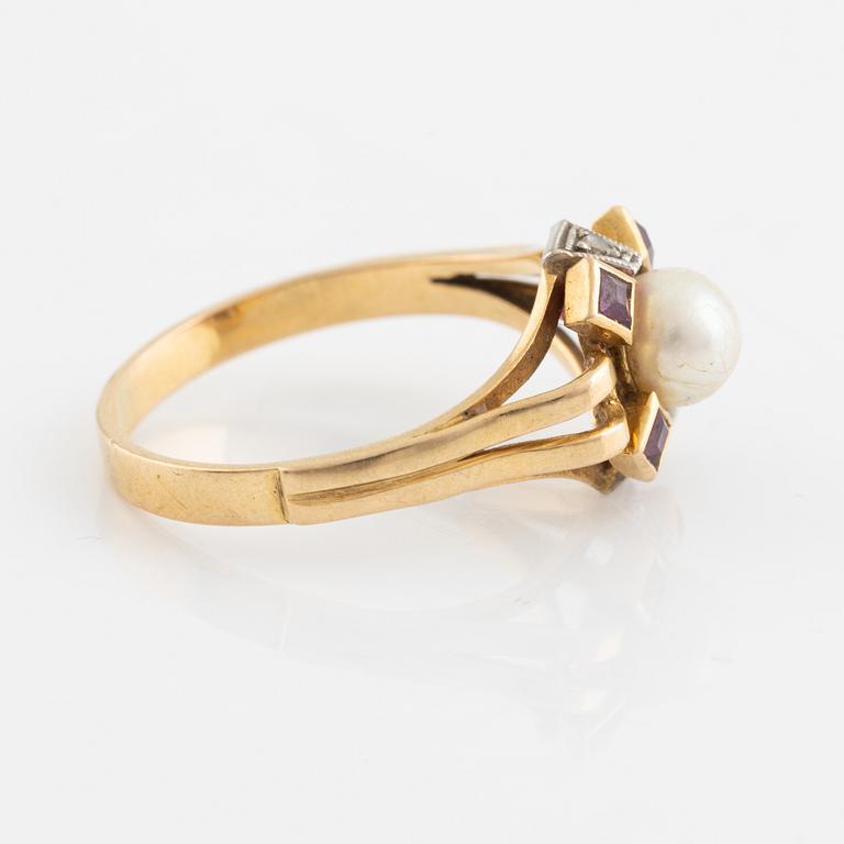 Gold, cultured pearl, rose cut diamond and ruby ring.